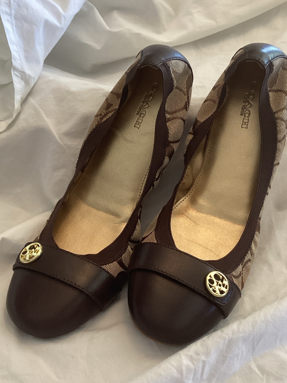 Coach Brown Signature Canvas and Leather Ballet Flats with Gold Medallions - Picture 1 of 2